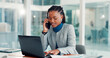 © peopleimages.com - Phone call, business and black woman on laptop in office for contact, investment advice and discussion. Financial advisor, computer and person on smartphone for talking, finance consulting and chat