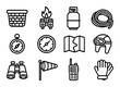 © Hanna - Camping and adventure equipment icons: binoculars, map, compass, gloves, rope, helmet