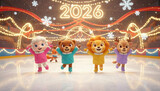 Cute cartoon animals ice skating together under festive lights with “2026” glowing in the background, celebrating the New Year on a cheerful winter night.