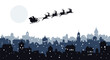 © Kuntol02 - Santa claus and reindeer silhouette flying over a dark city skyline under a large full moon