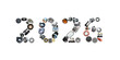 © lastfurianec - Number 2026 written with truck, tractors and car spare parts. New year concept for repair shop, workshop, diy isolated on white background. Banner.