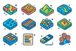 © Тимур Кунець - Geospatial Icon Set. Geospatial scientific visuals. Colorful isometric vector icons set of Geospatial scientific visuals: choropleth map, contour lines, DEM