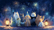 © Somrit.S - Cute watercolor cartoon to welcome the new year, cute pets gathered around fireworks under a midnight sky with glowing stars