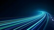 © Archara - The image displays a futuristic, curving road with streaks of bright blue and green light trails, set against a dark background, creating a sense of speed and movement.