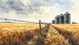 Wheat field with silos and barbed wire fence