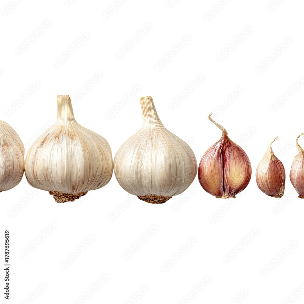 Png of row of garlic bulbs and cloves isolated on transparent ...