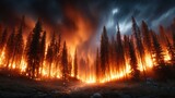 An intense and dramatic scene of a forest fire engulfing towering pine trees, showcasing the powerful and destructive force of nature with vivid flames illuminating the dark sky.