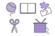 © Alan - Collection of crafting and hobby icons featuring yarn, book, puzzle, and scissors