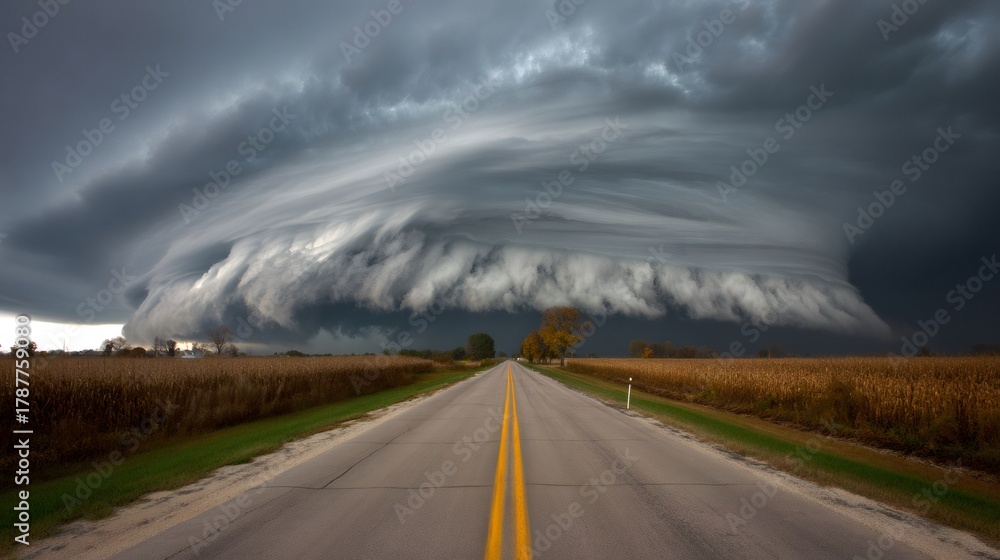 Supercell storm cloud forming above a rural road cutting through a ...