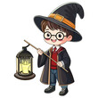 © สลักจิต แพทอง - A cute little boy wearing a wizard's outfit, in a magical world, holding a magic lamp.