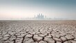 © SynthiView - Dry cracked earth with a city skyline in the distance, symbolizing climate change.