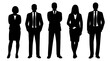 © Zaleman - Set of business people silhouettes men and women in formal suits standing in different poses black vector collection representing corporate teamwork leadership and office professionalism
