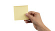 © Elena - hand holding yellow sticky note. Isolated on transparent background, png