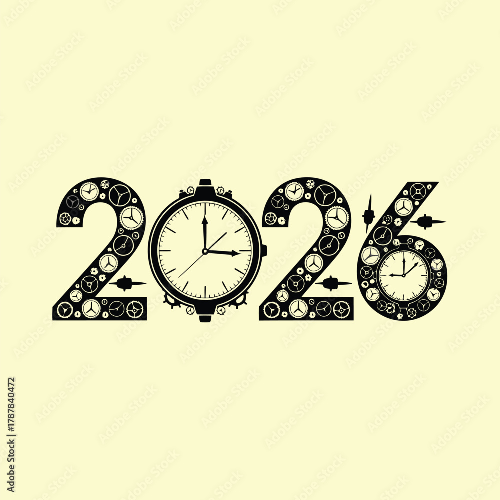 Black 2026 year numbers with clock faces and gears 2 Stock Vector ...