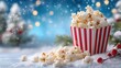 © Mariia - Christmas popcorn in a red striped paper bucket placed on snow with festive bokeh lights and winter decorations. Seasonal advertising, Copy space