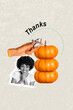 © deagreez - Zine banner vertical photo collage of happy girl stand pumpkin stack autumn season agriculture hand offer money payment thanks