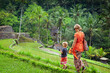 © Tropical studio - Mother and child walk along flooded lush rice terraces in Bali, wearing traditional sarongs, enjoying tropical nature and travel moments during a cultural family journey in Gunung Kawi in Indonesia.