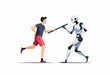 © Tatyana - A dynamic encounter between a human runner and a futuristic robot highlighting interaction and technology evolution captured in a stark contrasting illustration.