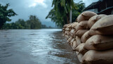 Flooded area showing sandbags holding back rising water and trees swaying in the background under a cloudy sky.