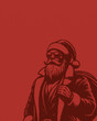 © hd3dsh - Stylish Santa Claus illustration in vintage retro style on red background. Cool modern Santa wearing sunglasses and carrying a sack of gifts. 3D Rendering, 3D Illustration