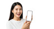 © Biru Langit Desember - Excited Asian Woman Showing Mobile Phone with Blank White Screen Display Smiling in Studio Portrait Expressing Joy Holding Cell Phone for Advertising Marketing and Announcement Mobile App Interface