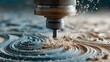 © horizon - Close-up shot of a CNC milling machine carving an intricate, swirling pattern into light-colored wood, with wood shavings flying from the tool.