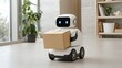 © Halina - Cute delivery robot carrying cardboard box in modern bright room showing future home service technology concept