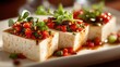 © Игорь Бондаренко - Close-up of tofu slices topped with chili, herbs, and sauce, showcasing gourmet vegetarian cuisine and healthy eating, realistic textures, warm natural lighting, modern food photography style.