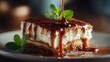 © Игорь Бондаренко - Delicious tiramisu slice topped with mint and caramel sauce, showcasing elegant dessert presentation and rich texture, realistic textures, warm natural lighting, modern food photography style.