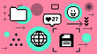 © local_doctor - Vector illustration in vaporwave 8-bit pixel art style in black, white, pink, and aqua colors. Collage of retro computer icons and web elements, simple geometric shapes.
