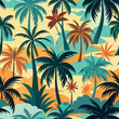 © azadhossain - Tropical palm tree pattern with sunset colors and beach background.
