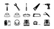 © rohmat - Essential construction tools and safety gear icons for building projects and industrial work, illustrating professional craftsmanship and protective measures.
