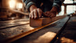 © Alesia - A close-up of a man's hands measuring a wooden plank in a workshop. The scene is illuminated by warm sunlight, highlighting the craftsmanship involved in woodworking.