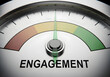 © ShazilStock - Engagement Level Gauge, Close Up A 3D rendering showing a gauge measuring engagement levels, with a green arrow pointing towards an optimal zone Motivation, performance,