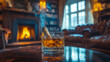 © sommersby - Lit cigar rests in classic whiskey glass on polished wooden table, with trails of blue smoke rising, framed by warm, crackling fireplace and refined study interior with bookshelves and leather seating