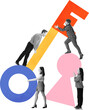 © Lustre Art Group  - Trendy collage. Team of professionals moving colorful key and keyhole shapes symbolizing access and opportunity on transparent background. Concept of business potential, teamwork, and goal achievement