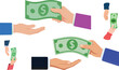 © W. Fernandez - Two hands exchanging money, giving cash payment illustration, financial transaction concept showing business payment, lending, donation, or salary exchange