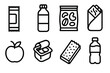 © Crank - Snack Pack Icons. On-the-go Snacks linear icon set: energy bar, bottled juice, trail mix, sandwich wrap, fruit, snack pack, granola bar, water bottle.