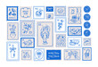 © Good Studio - Dolce vita postal marks set in doodle sketch style. Italian summer holiday, post stamp designs. Sea vacation, Mediterranean food, sardines, lobster and seashell. Vector illustrations isolated on white