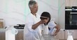 © vectorfusionart - Leaning adult in white blouse adjusting child's white apron, headband at home counter, flour jar