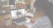© vectorfusionart - Taking notes girl wearing headset, striped top, at home study with laptop and notebook, copy space