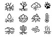 © Fortune228 - Drought Icons Collection. Environmental Drought linear icon set: cracked earth, dead tree, dust cloud, animal tracks, water droplet, dry lake, mountain, thermometer, sand dunes,