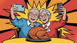 © Liudmila - Elderly couple taking selfies with turkey on table bright pop art vector style
