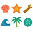 © King558 - Colorful Beach Icons. Tranquil Beach flat icons: Seashell, Starfish, Driftwood, Wave, Palm Tree, Sand Dollar.