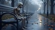 © Rois  - A lone, pensive robot sits on a wet park bench on a misty, rainy day, surrounded by fallen leaves, embodying solitude and reflection