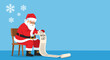 © Valeriia - Thoughtful Santa Claus sitting on a chair reading a wish list with copy space on a blue background