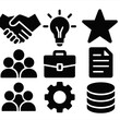 © Innovator587 - Brutalist Partnership Icons. Partnership Relations silhouette icon set: handshake, light bulb, star, document, coin stack, group, briefcase, gear.