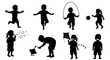 © Mr. Png - Silhouette illustrations of young children engaged in various outdoor activities, including running, jumping rope, blowing bubbles, and flying a kite.