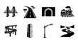 © Mr. Png - Black silhouette icons of transportation elements including a bridge, road, tunnel, train, highway interchange, signpost, streetlight, and river with a boat.
