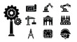 © Mr. Png - Industrial-themed black icons depicting gears, construction crane, robotic arms, architectural blueprint, compass, microchip, and factory with hard hat.